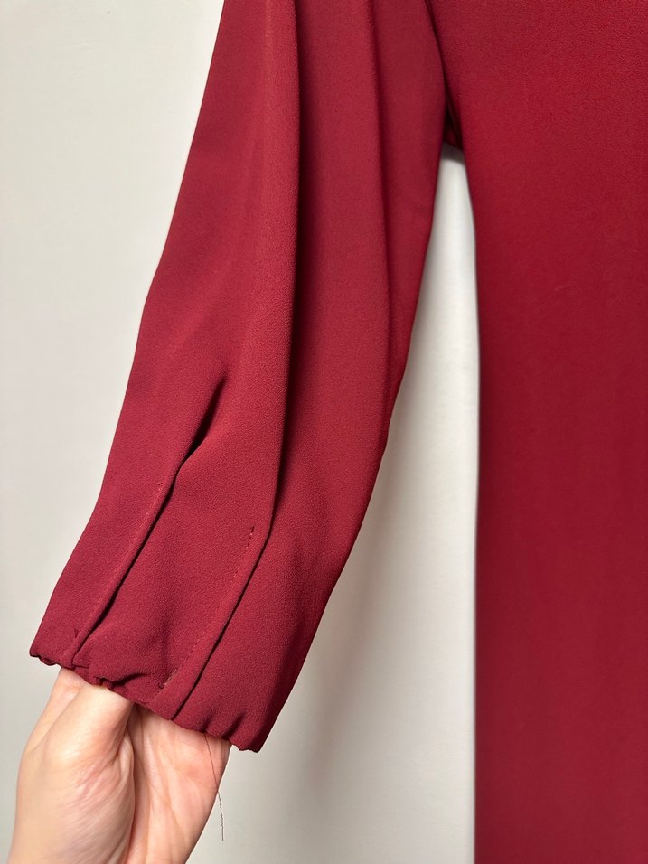 Bordo Uzun Kollu kuşaklı Kadın Elbise - Görsel 3