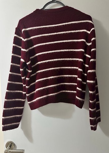 Bordo Çizgili Örgü Kadın Kazak - Görsel 3