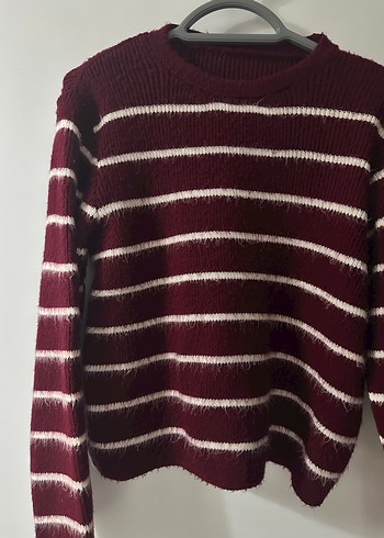 Bordo Çizgili Örgü Kadın Kazak - Görsel 2