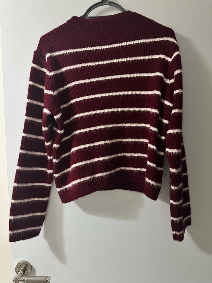 Bordo Çizgili Örgü Kadın Kazak - Görsel 3