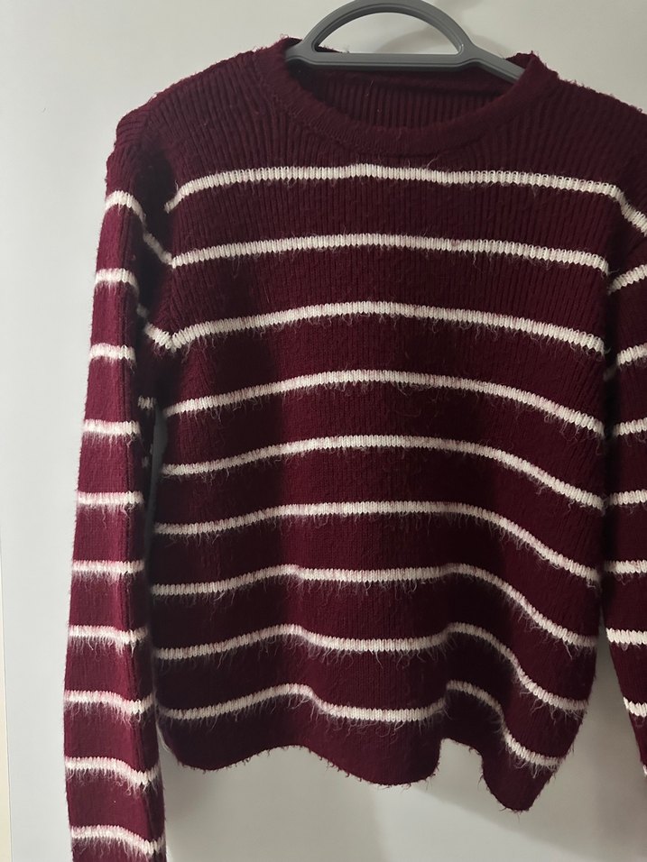 Bordo Çizgili Örgü Kadın Kazak - Görsel 2