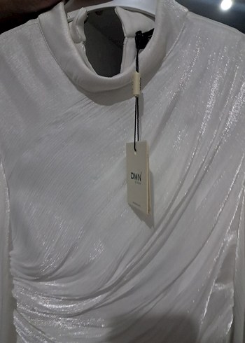 Drapeli Beyaz Uzun Keten Elbise - Görsel 2