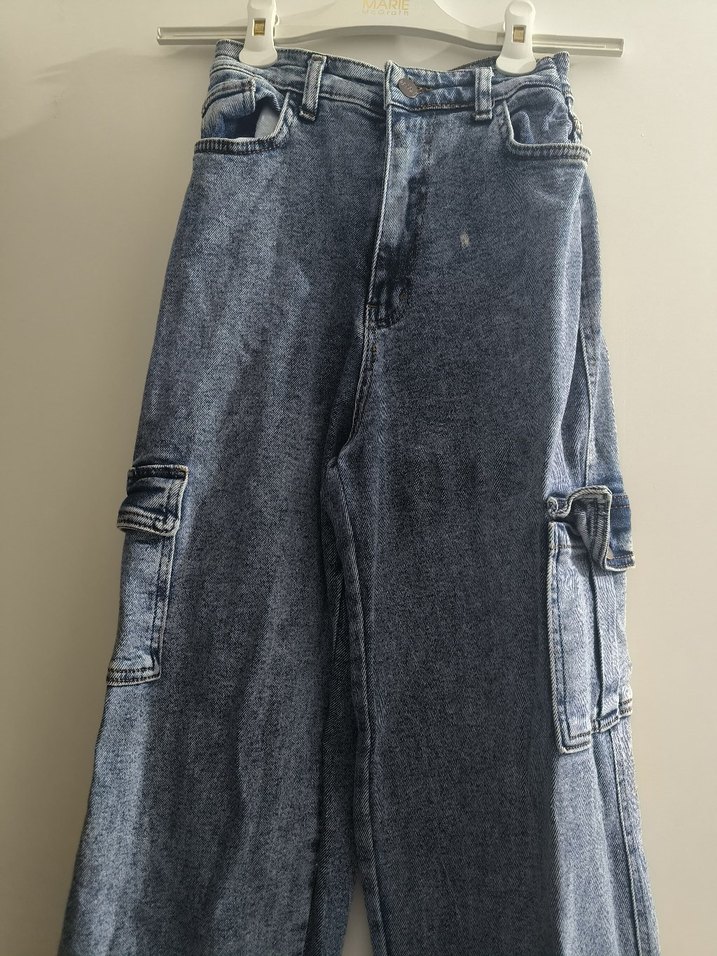 Düğmeli Gri Mavi Kadın Denim Pantolon - Görsel 2