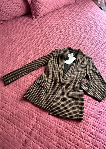 Düğmeli Kahverengi Ekose Kadın Blazer Ceket