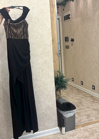Siyah Kruvaze Dokuma Astarlı Dantel Uzun Gece Abiye Elbise - Görsel 3