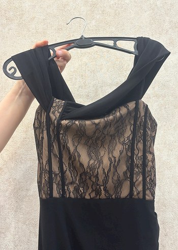 Siyah Kruvaze Dokuma Astarlı Dantel Uzun Gece Abiye Elbise - Görsel 4