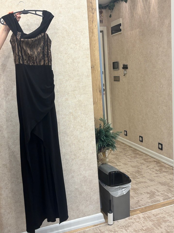 Siyah Kruvaze Dokuma Astarlı Dantel Uzun Gece Abiye Elbise - Görsel 3