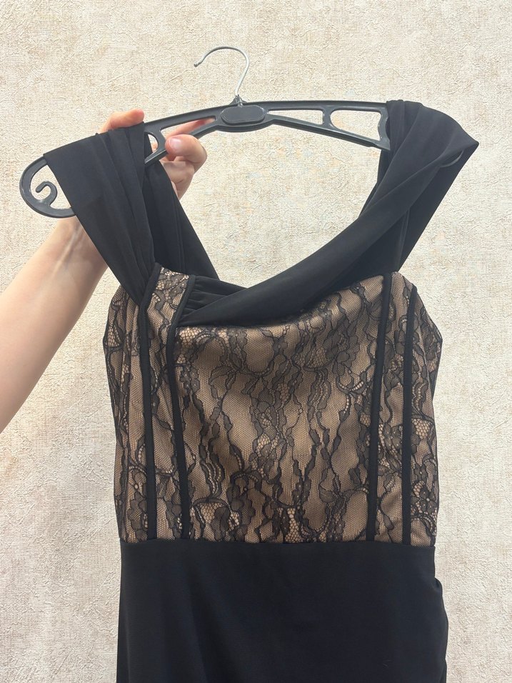 Siyah Kruvaze Dokuma Astarlı Dantel Uzun Gece Abiye Elbise - Görsel 4