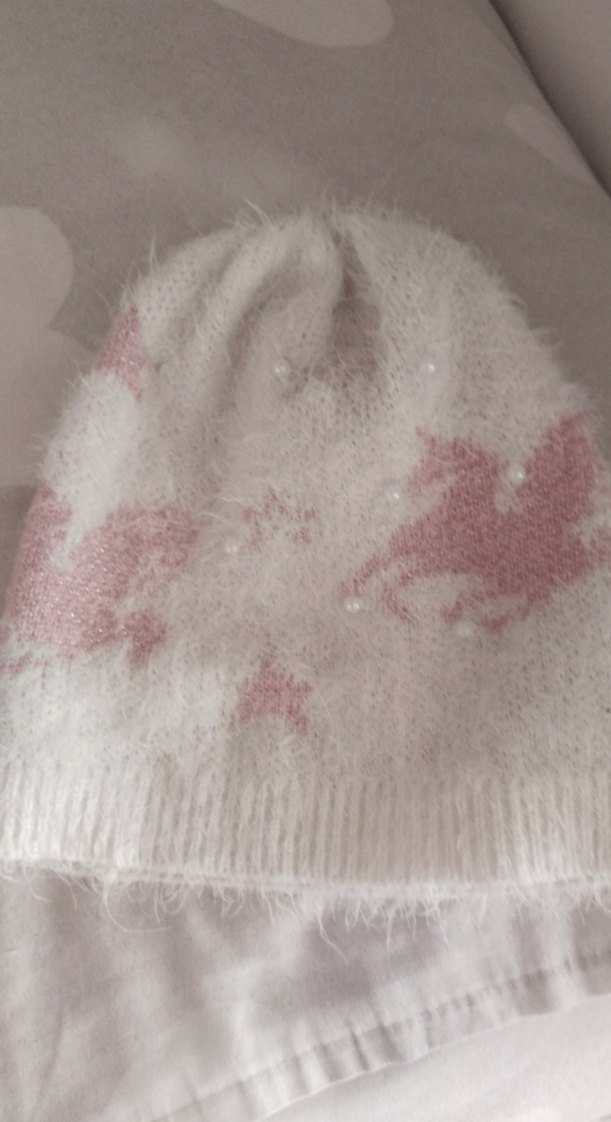 Beyaz Pembe Batik Desenli Örgü Çocuk Bere - Görsel 2