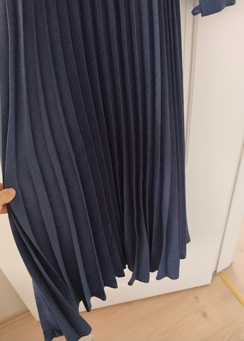 Uzun Kollu Pliseli Mavi Kadın Elbise - Görsel 4