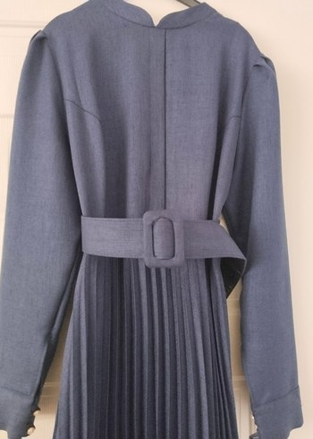 Uzun Kollu Pliseli Mavi Kadın Elbise - Görsel 2