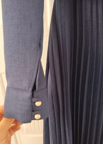 Uzun Kollu Pliseli Mavi Kadın Elbise - Görsel 3