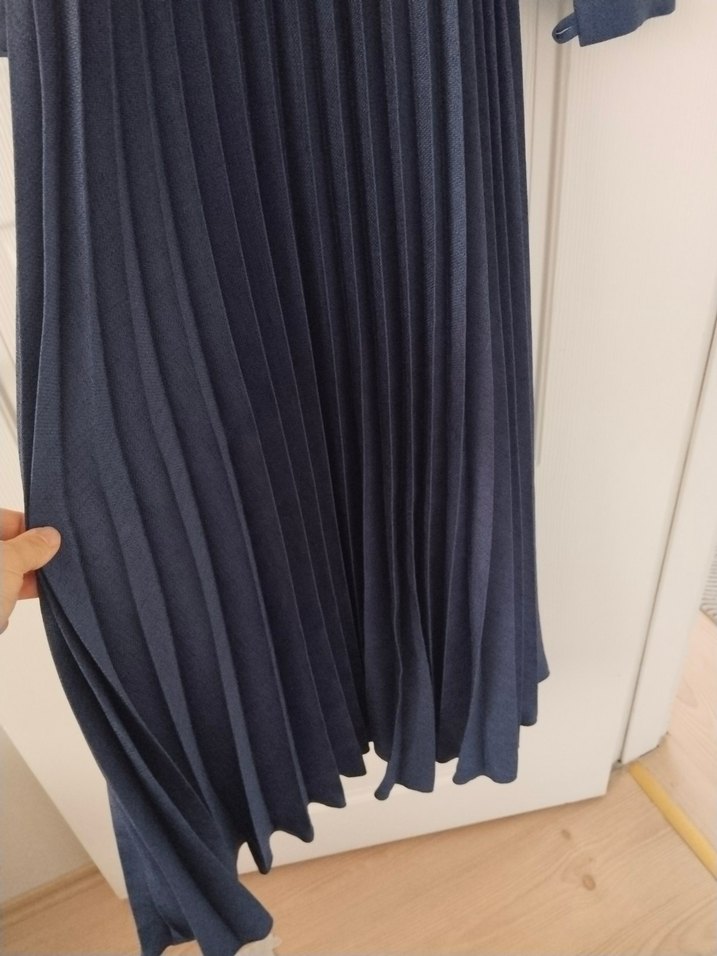 Uzun Kollu Pliseli Mavi Kadın Elbise - Görsel 4