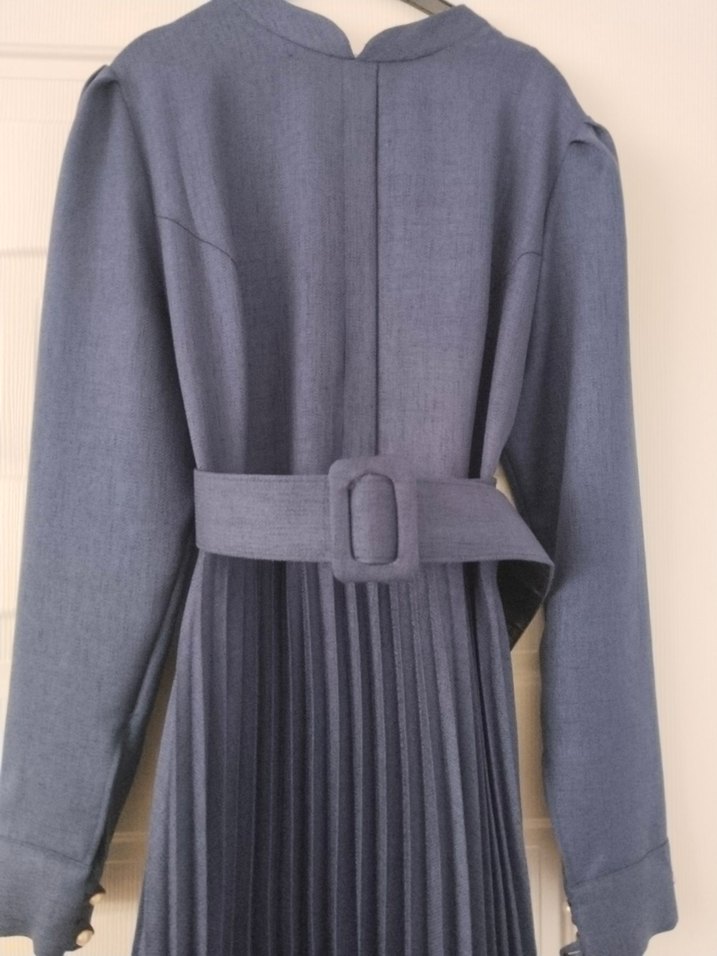 Uzun Kollu Pliseli Mavi Kadın Elbise - Görsel 2