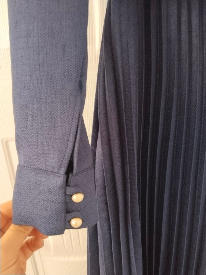 Uzun Kollu Pliseli Mavi Kadın Elbise - Görsel 3