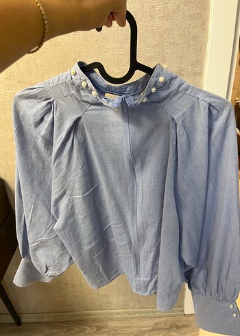 İnci Detaylı Mavi Keten Gömlek - Görsel 3