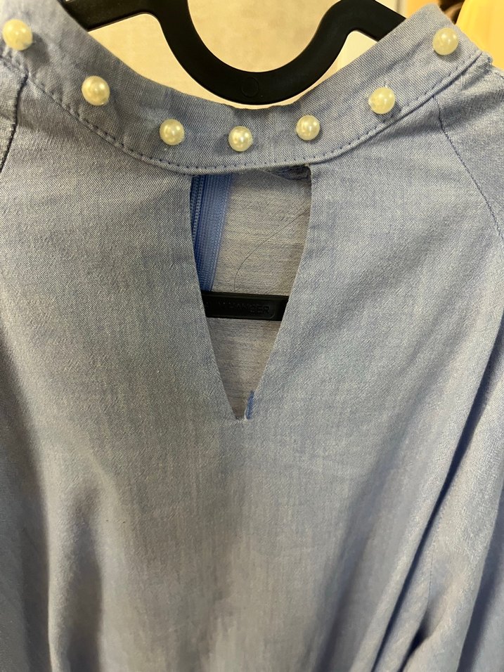 İnci Detaylı Mavi Keten Gömlek - Görsel 4