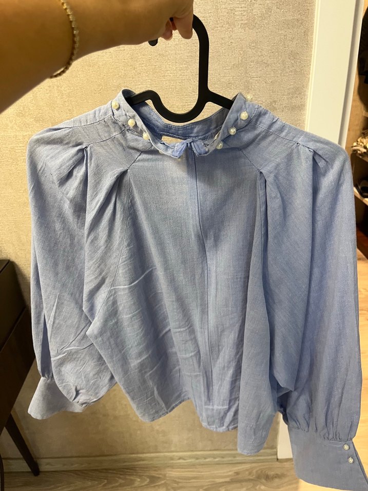 İnci Detaylı Mavi Keten Gömlek - Görsel 3
