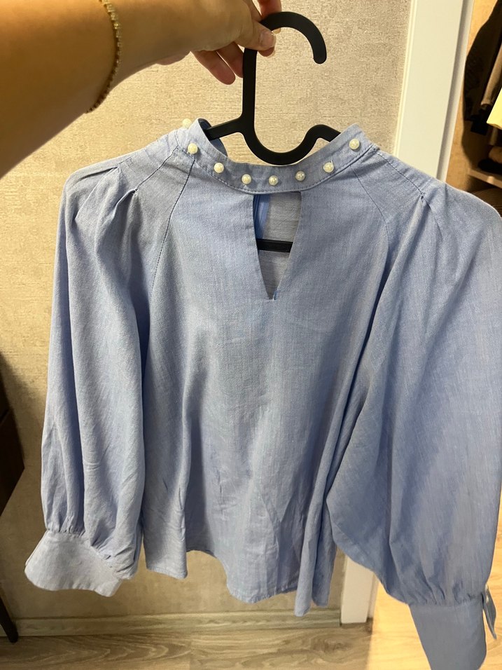 İnci Detaylı Mavi Keten Gömlek - Görsel 2