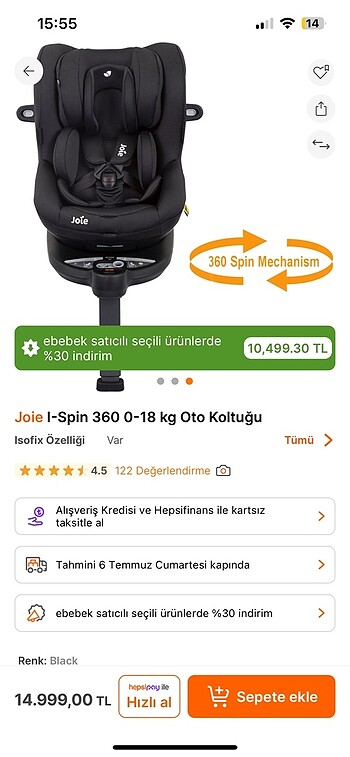 Diğer Beden siyah Renk Joie I-Spin 360 0-18 kg Oto Koltuğu