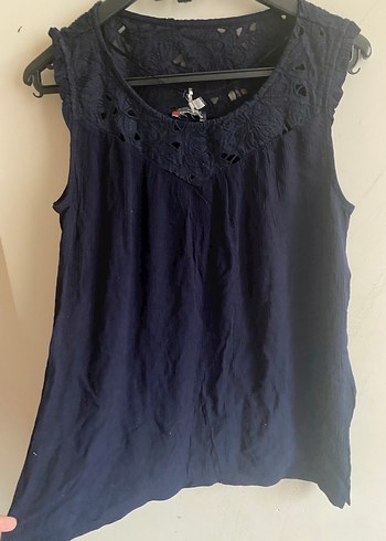 Lacivert Keten V Yaka Fırfırlı Kadın Bluz - Görsel 2