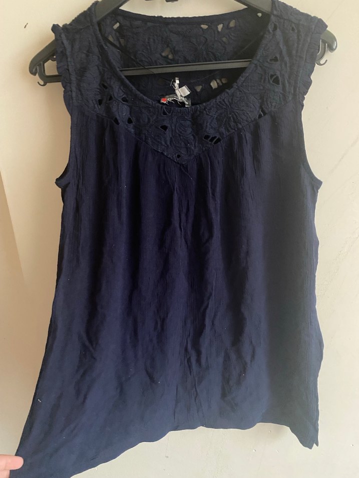 Lacivert Keten V Yaka Fırfırlı Kadın Bluz - Görsel 2