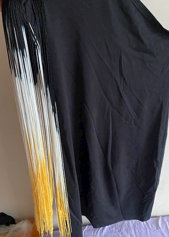 Tek Omuzlu Püsküllü Siyah Uzun Elbise - Görsel 3