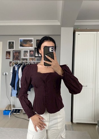 Bordo V Yaka Düğmeli Kadın Bluz
