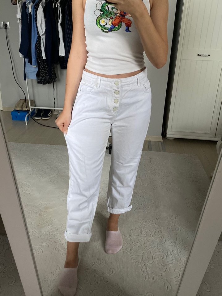 Düğmeli Beyaz Kadın Midi Kot Pantolon - Görsel 2