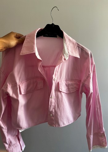 Zara Pembe Uzun Kollu Keten Crop Gömlek