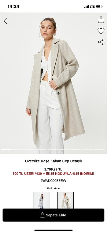 Koton cepli oversize kaşe kaban