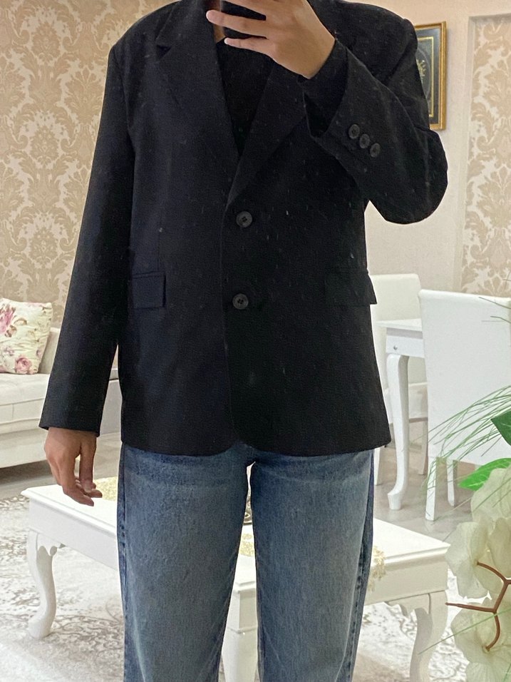 Kadın Siyah Düğmeli Ofis Blazer Ceket oversize - Görsel 5