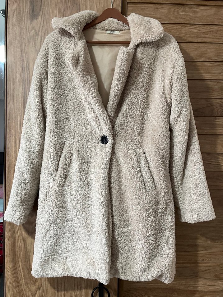 Bej Peluş Midi Kadın Kaban - Görsel 4