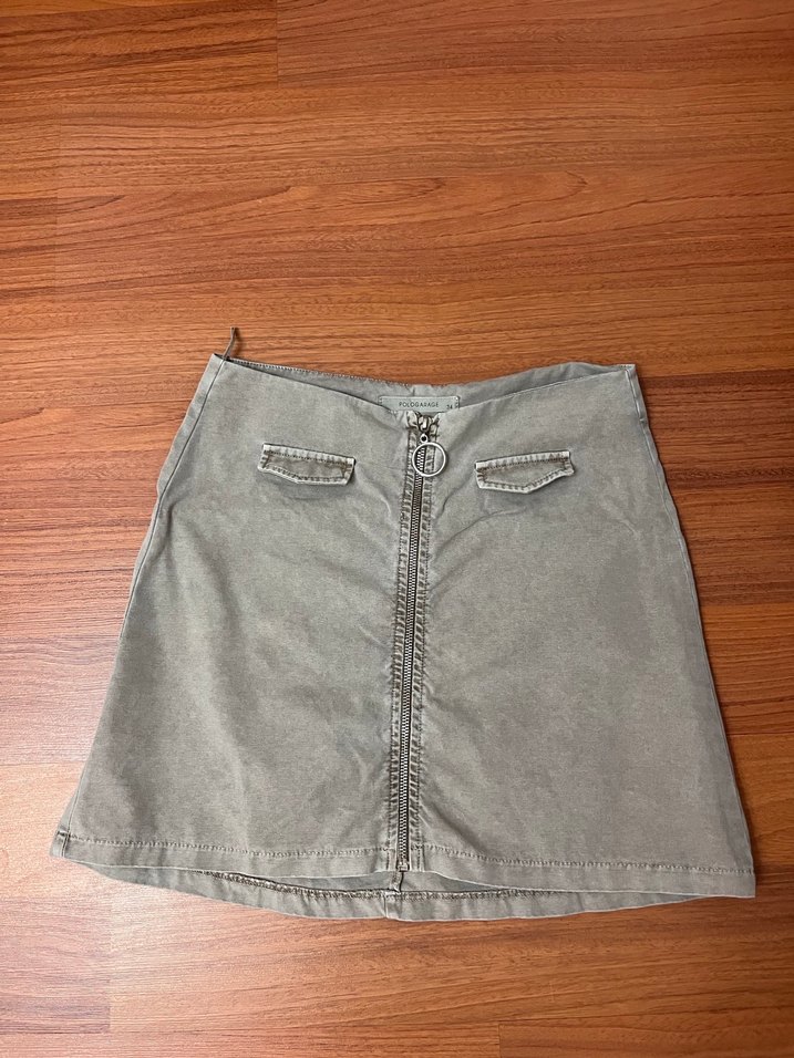 POLOGARAGE Fermuarlı Gri Denim Mini Etek - Görsel 5