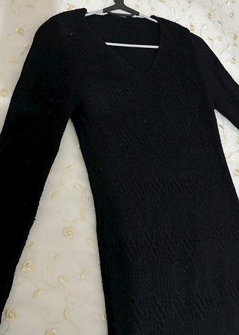 Uzun Kollu Siyah V Yaka Triko Elbise - Görsel 2