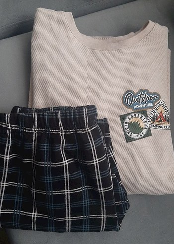 Erkek çocuk krem  Üst ve Ekoseli Pijama Altı - Görsel 2