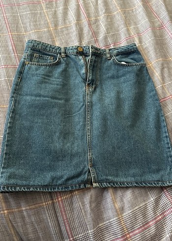 Düğmeli Mavi Denim Midi Etek