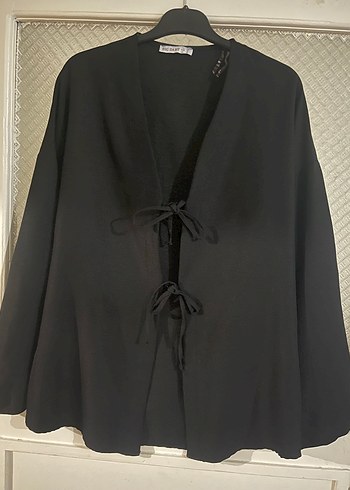 Siyah Uzun Kollu Midi Keten Kimono