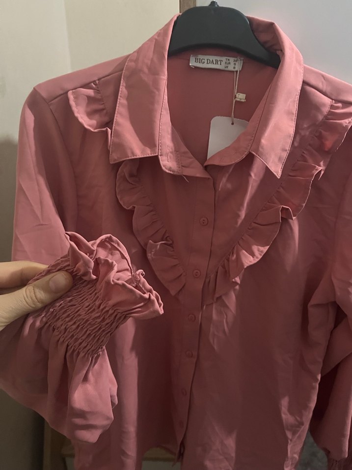 Pembe Fırfırlı Uzun Kollu Kadın Gömlek - Görsel 2