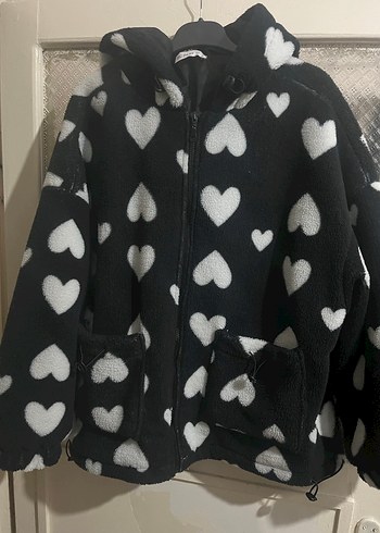 Kalp Desenli Kapüşonlu Kadın Ceket - Görsel 2