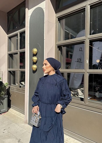 Nakışlı Lacivert Uzun Kol Bohem Elbise - Görsel 2