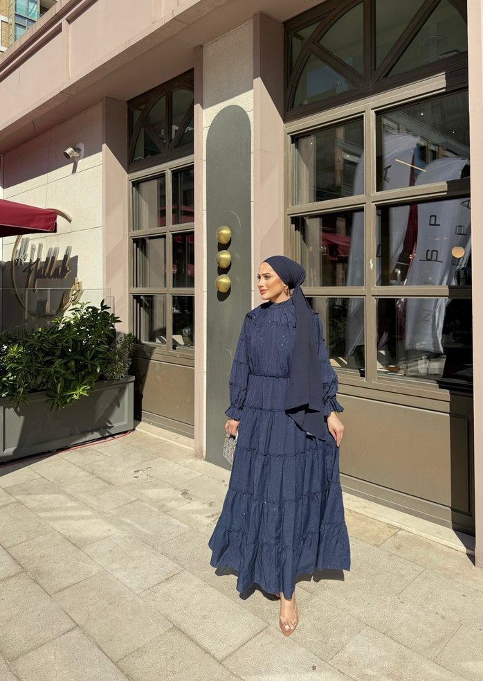 Nakışlı Lacivert Uzun Kol Bohem Elbise - Görsel 4