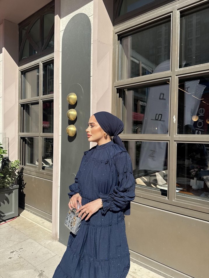 Nakışlı Lacivert Uzun Kol Bohem Elbise - Görsel 3