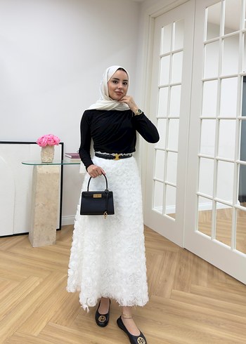 Beyaz Bağlamalı Midi Etek ithal etek - Görsel 3