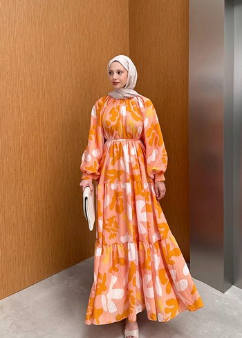 Turuncu Bağcıklı Bohem Uzun Elbise - Görsel 2