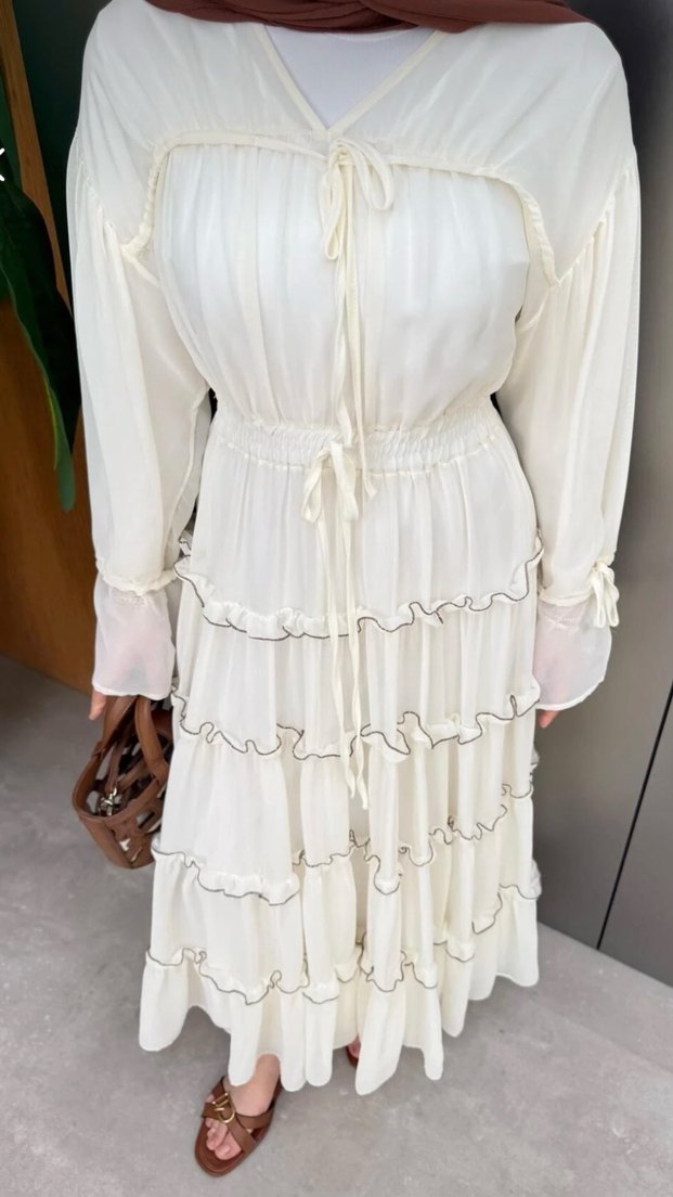 Nakışlı Beyaz Uzun Bohem Elbise - Görsel 2