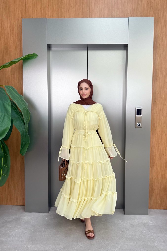 Sarı Uzun Volanlı Bohem Elbise - Görsel 4