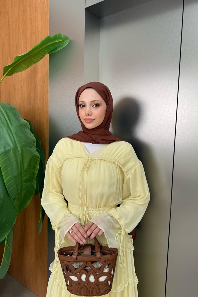 Sarı Uzun Volanlı Bohem Elbise - Görsel 2