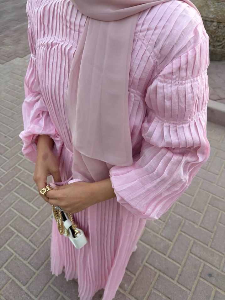 Pembe Uzun Piliseli Kadın Elbise - Görsel 2