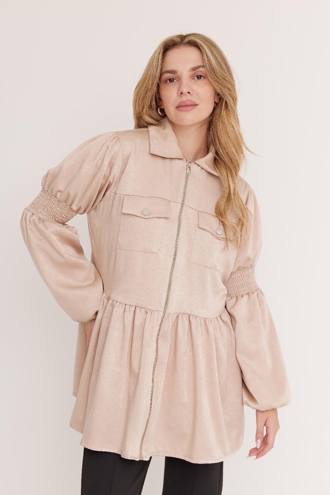 Bej Süet Düğmeli Hamile Midi Kaban - Görsel 2